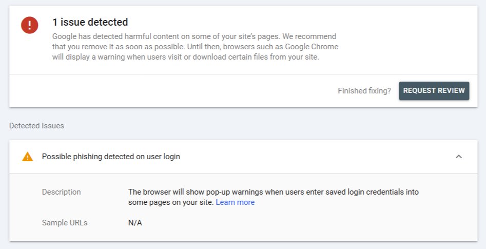 Google Search Console showing 'Possible phishing detected on user login' security issue